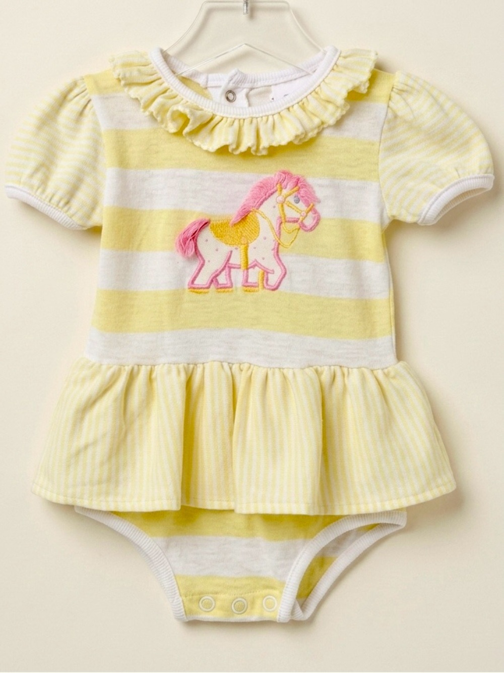 Vintage Buster Brown 3-6 Months Baby Skirted Romper Ruffle Horse Yellow White
